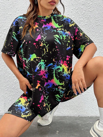 Splash Ink Print Drop Shoulder Tee & Shorts