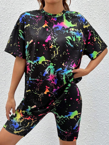 Splash Ink Print Drop Shoulder Tee & Shorts