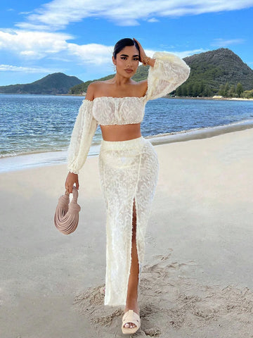 Off Shoulder Lantern Sleeve Crop Top & Split Thigh Skirt
