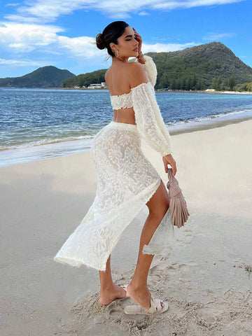 Off Shoulder Lantern Sleeve Crop Top & Split Thigh Skirt