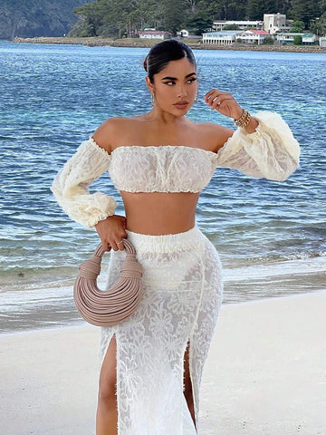 Off Shoulder Lantern Sleeve Crop Top & Split Thigh Skirt