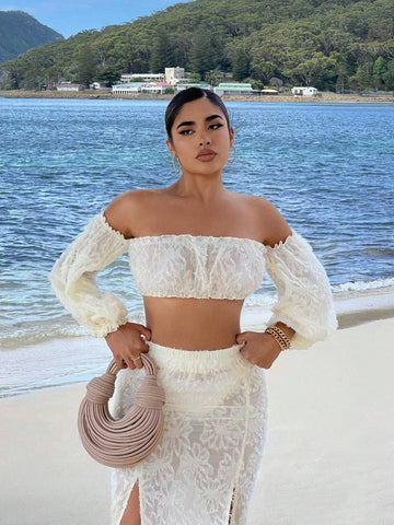 Off Shoulder Lantern Sleeve Crop Top & Split Thigh Skirt