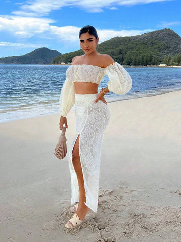 Off Shoulder Lantern Sleeve Crop Top & Split Thigh Skirt