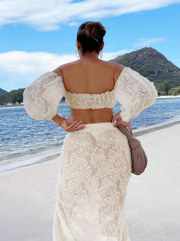 Off Shoulder Lantern Sleeve Crop Top & Split Thigh Skirt