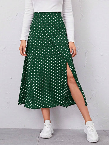 EMERY ROSE Polka Dot Split Thigh Skirt