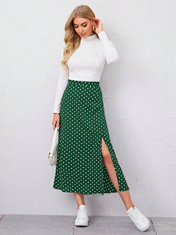 EMERY ROSE Polka Dot Split Thigh Skirt