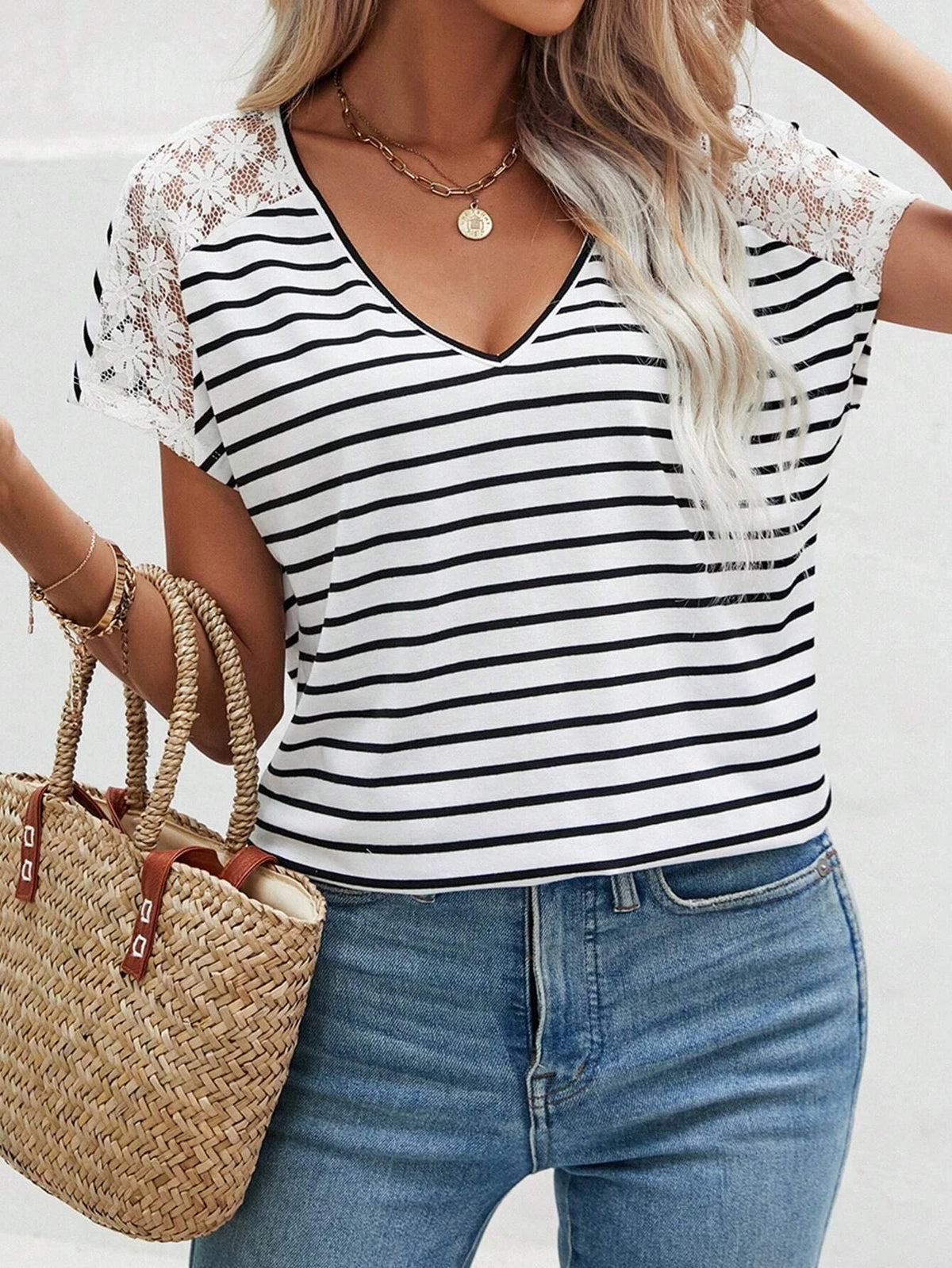 Frenchy Striped Contrast Lace Raglan Sleeve Tee