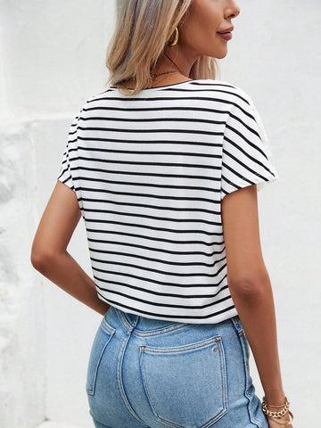 Frenchy Striped Contrast Lace Raglan Sleeve Tee