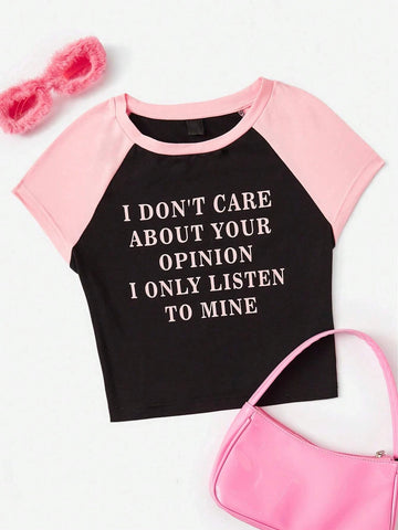 EZwear Slogan Graphic Raglan Sleeve Crop Tee