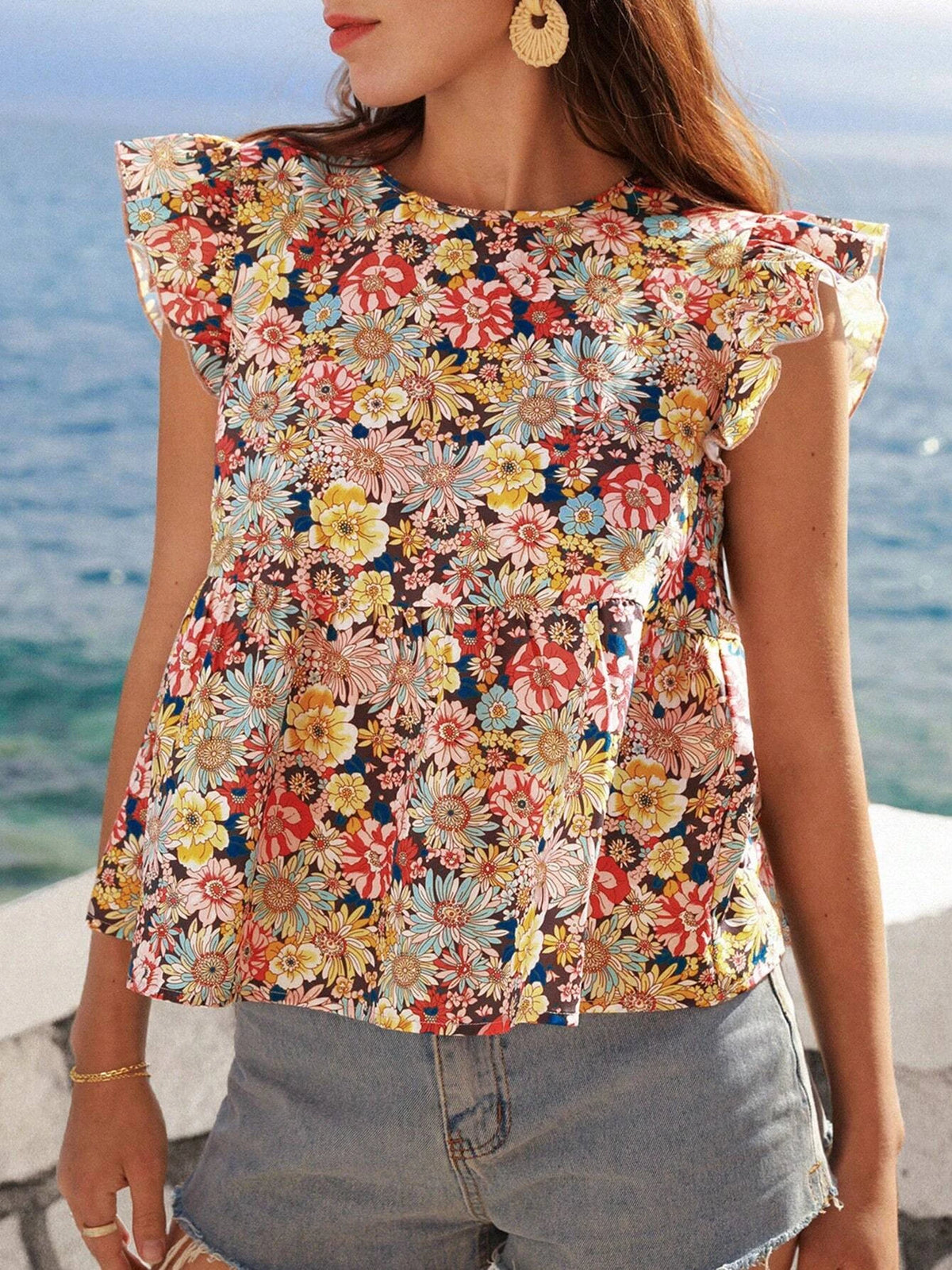 VCAY Floral Print Ruffle Trim Peplum Blouse