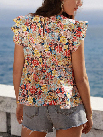 VCAY Floral Print Ruffle Trim Peplum Blouse