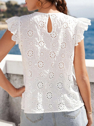 VCAY Eyelet Embroidery Ruffle Trim Schiffy Top