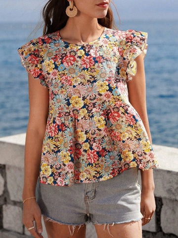 VCAY Floral Print Ruffle Trim Peplum Blouse