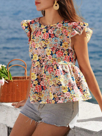 VCAY Floral Print Ruffle Trim Peplum Blouse