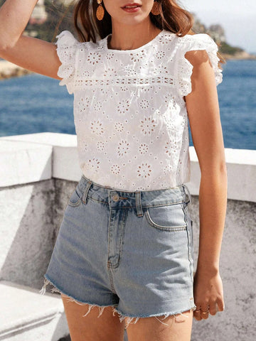 VCAY Eyelet Embroidery Ruffle Trim Schiffy Top