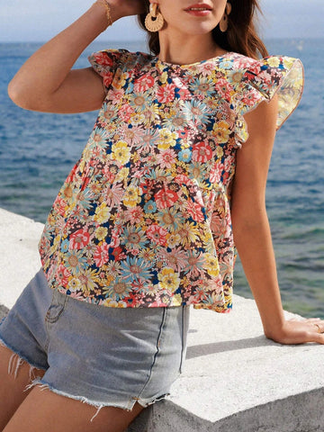 VCAY Floral Print Ruffle Trim Peplum Blouse