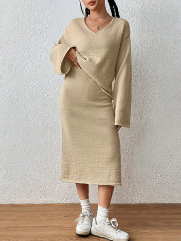  Essnce Drop Shoulder Sweater & Knit Skirt