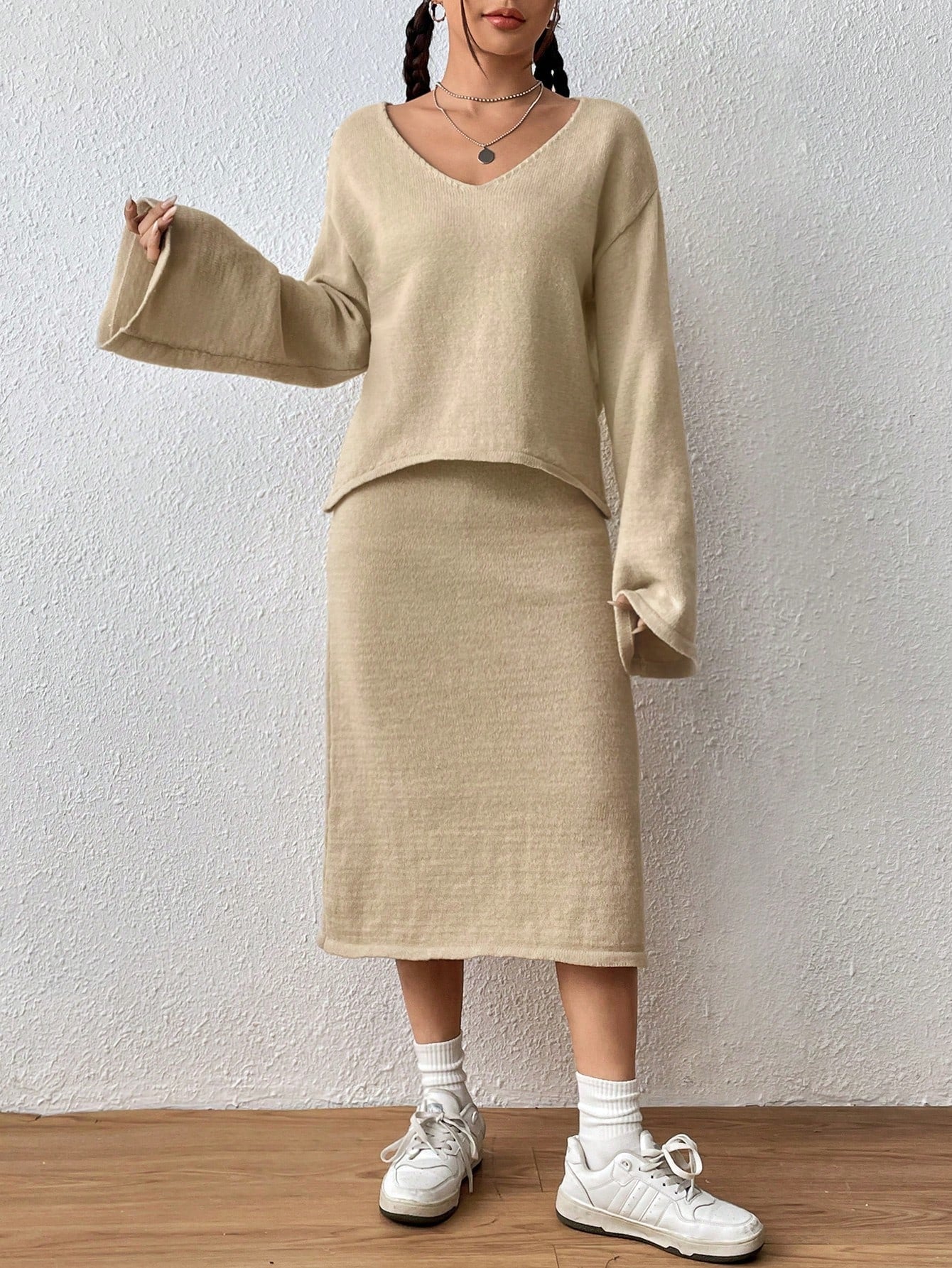  Essnce Drop Shoulder Sweater & Knit Skirt