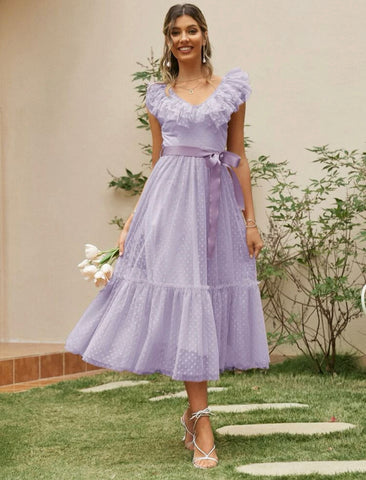 Simplee Ruffle Trim Belted Dobby Mesh Dress